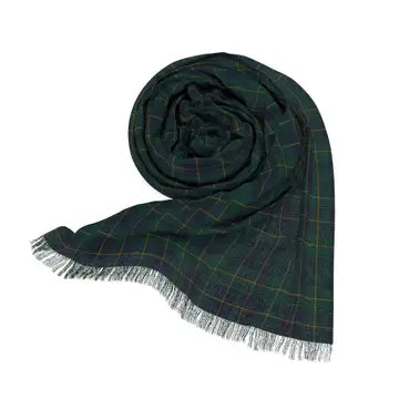 Black scarf with colorful text pattern on a white background