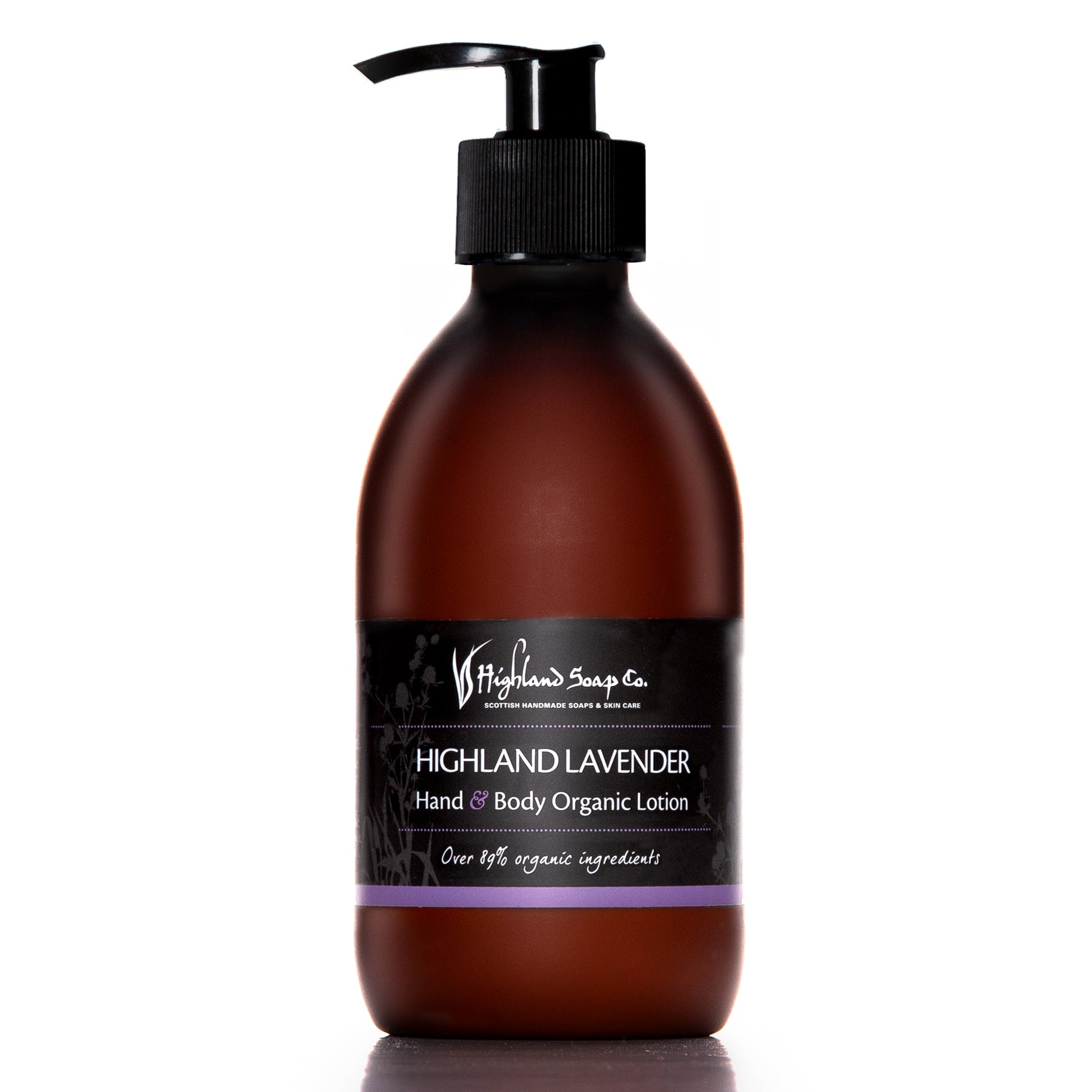 Brown bottle of Highland Lavender hand and body organic lotion with pump on a white background