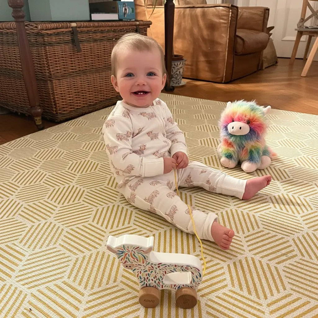 Baby wearing highland coo sleeper sitting on a patterned rug with toys in a home setting