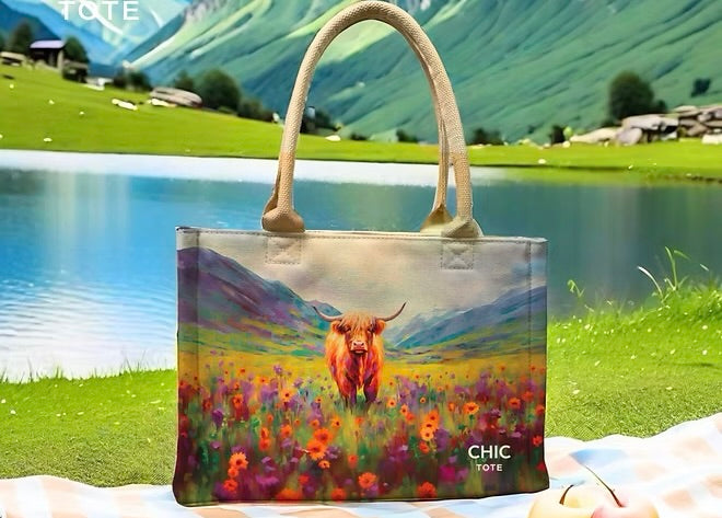 Tote bag with a scenic design of a cow in a field, placed on grass with a lake and mountains in the background.