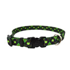 Green and black patterned dog collar with a black buckle on a white background