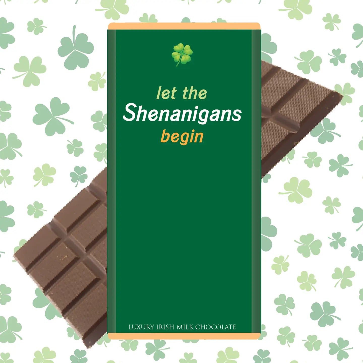 Green chocolate bar packaging with 'let the Shenanigans begin' text on a shamrock pattern background
