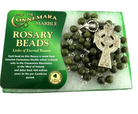 Rosary beads with Connemara Marble packaging on a white background