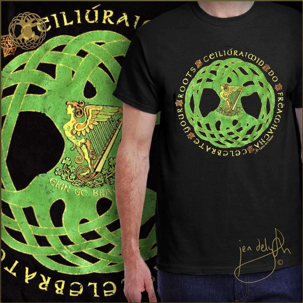 Black t-shirt with Irish Tree of Life Gaelic green and gold Celtic design with Harp