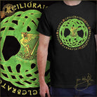 Black t-shirt with Irish Tree of Life Gaelic green and gold Celtic design with Harp