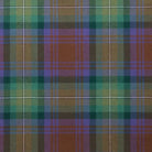 A close-up of a tartan plaid fabric pattern with intersecting stripes in green, purple, brown, and beige.