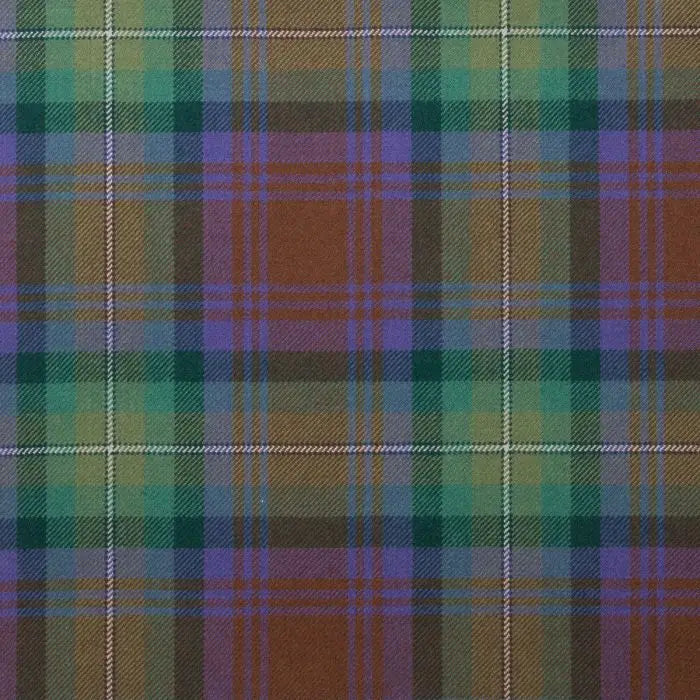 A close-up of a tartan plaid fabric pattern with intersecting stripes in green, purple, brown, and beige.