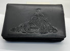 Black leather wallet with embossed design on a white background