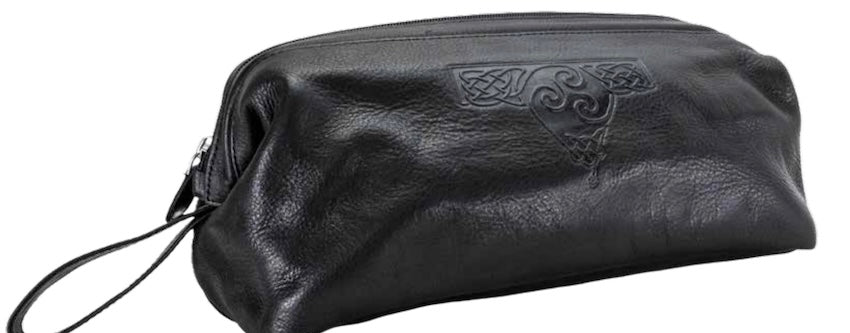 Black leather pouch with Celtic knot design on a white background