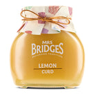 Jar of Mrs. Bridges Lemon Curd with decorative paper and ribbon on a white background