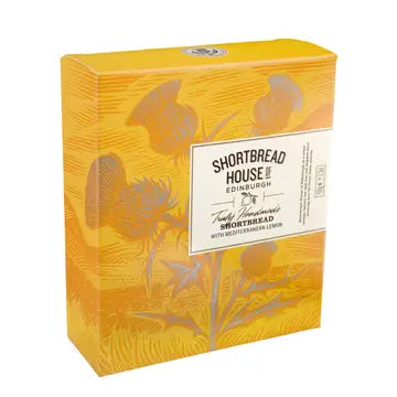 Box of Shortbread House cookies with decorative design on a white background