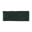 A dark green tartan plaid scarf with white fringe on the ends, displayed flat against a plain white background.