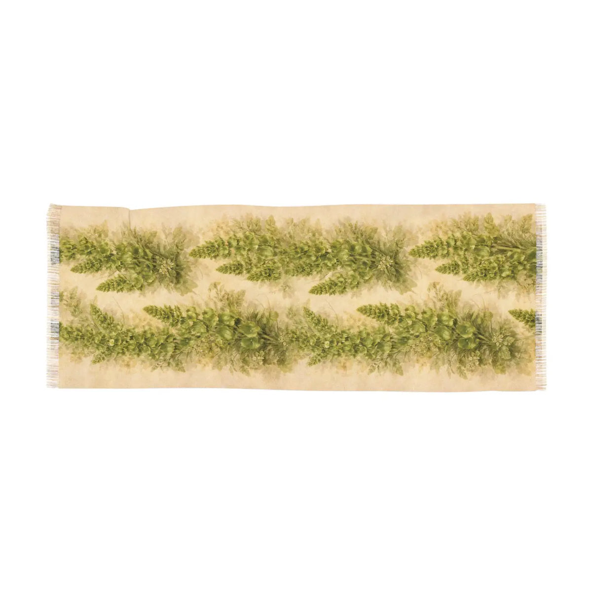 Textured scarf with green pattern on a beige background