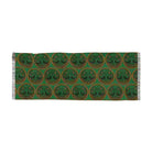 A rectangular scarf with fringe on both ends, featuring a repeating pattern of green circular medallions with tree-of-life motifs on a green background.