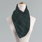 A dark green tartan neck scarf with a yellow and purple plaid pattern, displayed on a white mannequin torso against a light gray background.