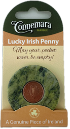 Connemara Marble Lucky Irish Penny with packaging on a white background