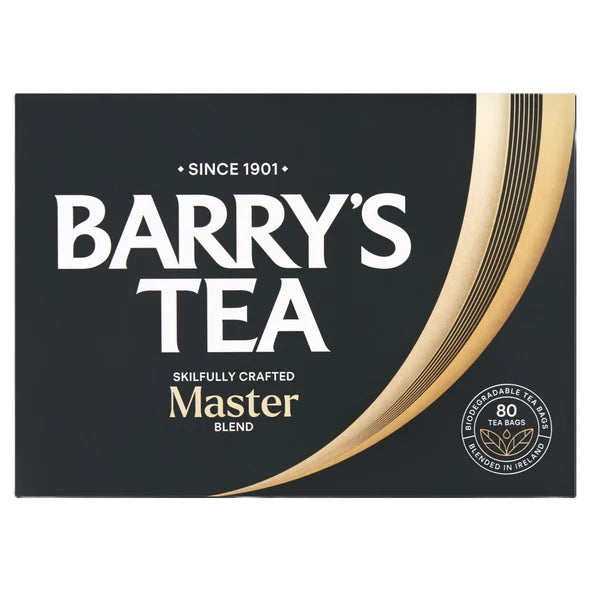 Barry's Tea packaging with brand name and product details on a black background