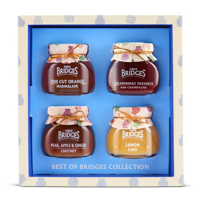 Set of four Mrs. Bridges jam jars in a decorative box