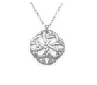 Silver Celtic knot pendant on a chain against a white background