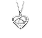 Silver heart-shaped pendant with intertwined design on a white background