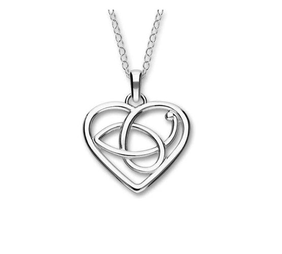 Silver heart-shaped pendant with intertwined design on a white background