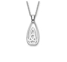Silver teardrop pendant with Celtic knot design on a white background
