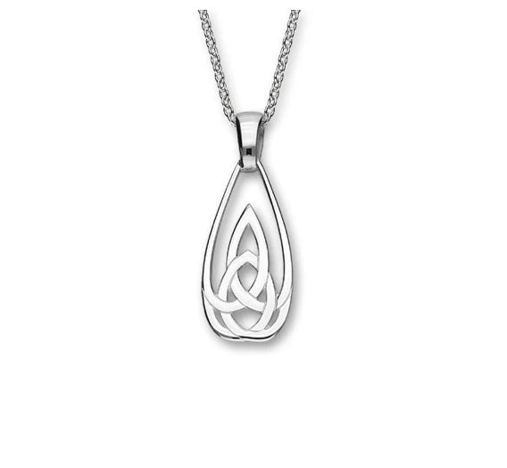 Silver teardrop pendant with Celtic knot design on a white background