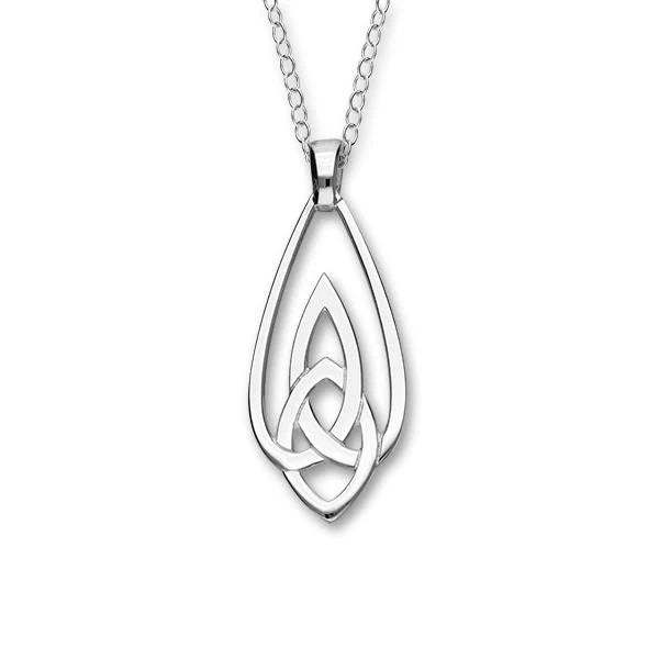 Silver teardrop-shaped pendant with Celtic knot design on a white background