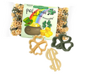 Pasta with shapes resembling a pot of gold, rainbow, and dollar signs on a white background.