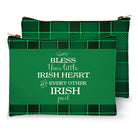 Green pouch with plaid pattern andirish heart  text on a white background
