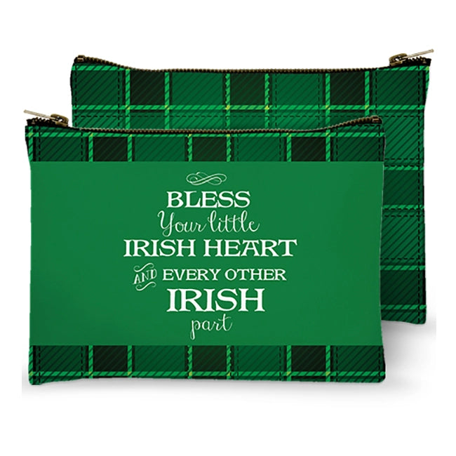 Green pouch with plaid pattern andirish heart  text on a white background