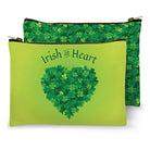 Green pouch with shamrock heart design and 'Irish at Heart' text on a white background