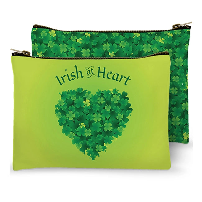 Green pouch with shamrock heart design and 'Irish at Heart' text on a white background