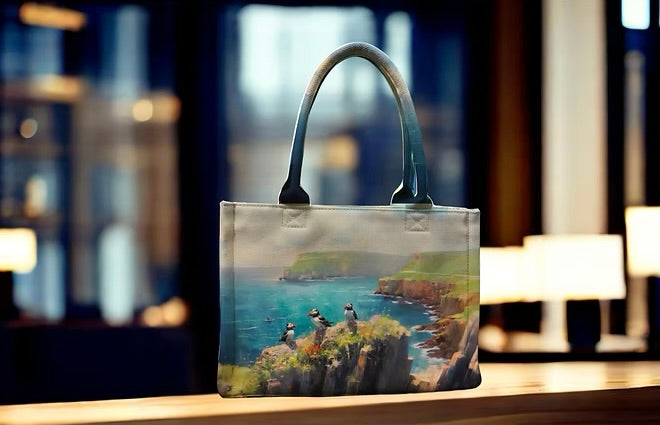 Tote bag with a scenic design of puffin on a rock by a body of water, placed on a surface with a blurred background.