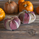 Two fabric pumpkins made from plaid wool in autumn shades of rust, burgundy, beige, and brown, tied with twine and displayed on a rustic wooden surface with real pumpkins in the background.