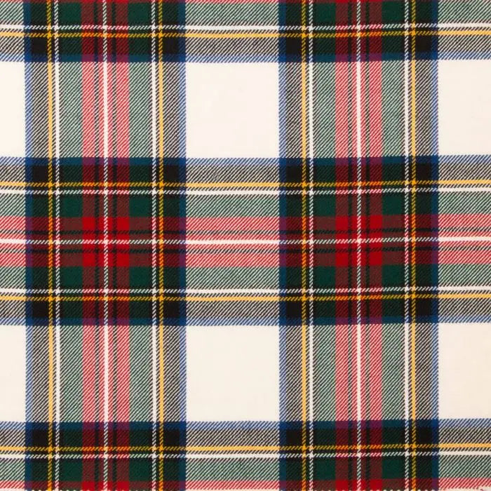 A close-up of a classic tartan plaid fabric pattern featuring red, green, navy blue, pink, and yellow stripes on a white background.