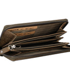 Brown leather wallet with multiple compartments on a white background