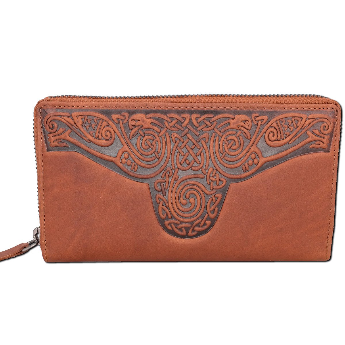 Brown leather wallet with intricate Celtic knot designs on a white background