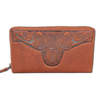 Brown leather wallet with intricate Celtic knot designs on a white background