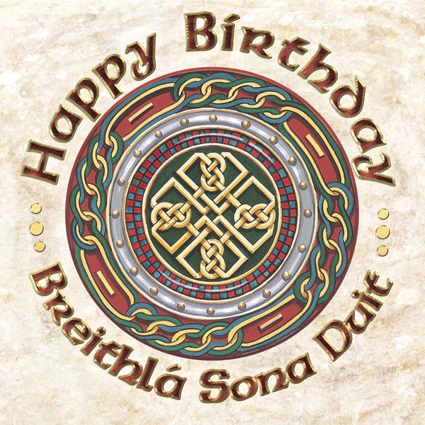 Decorative birthday card with Celtic knot design and text on a beige background