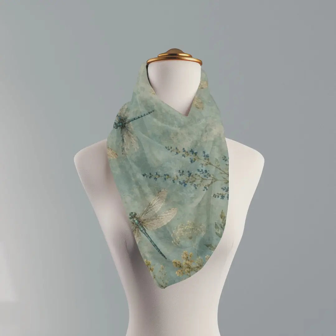 A lightweight square scarf with a dragonfly and floral print in muted sage green, blue, and gold, displayed on a white mannequin torso against a solid gray background.