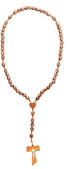 Wooden rosary with a cross pendant on a white background