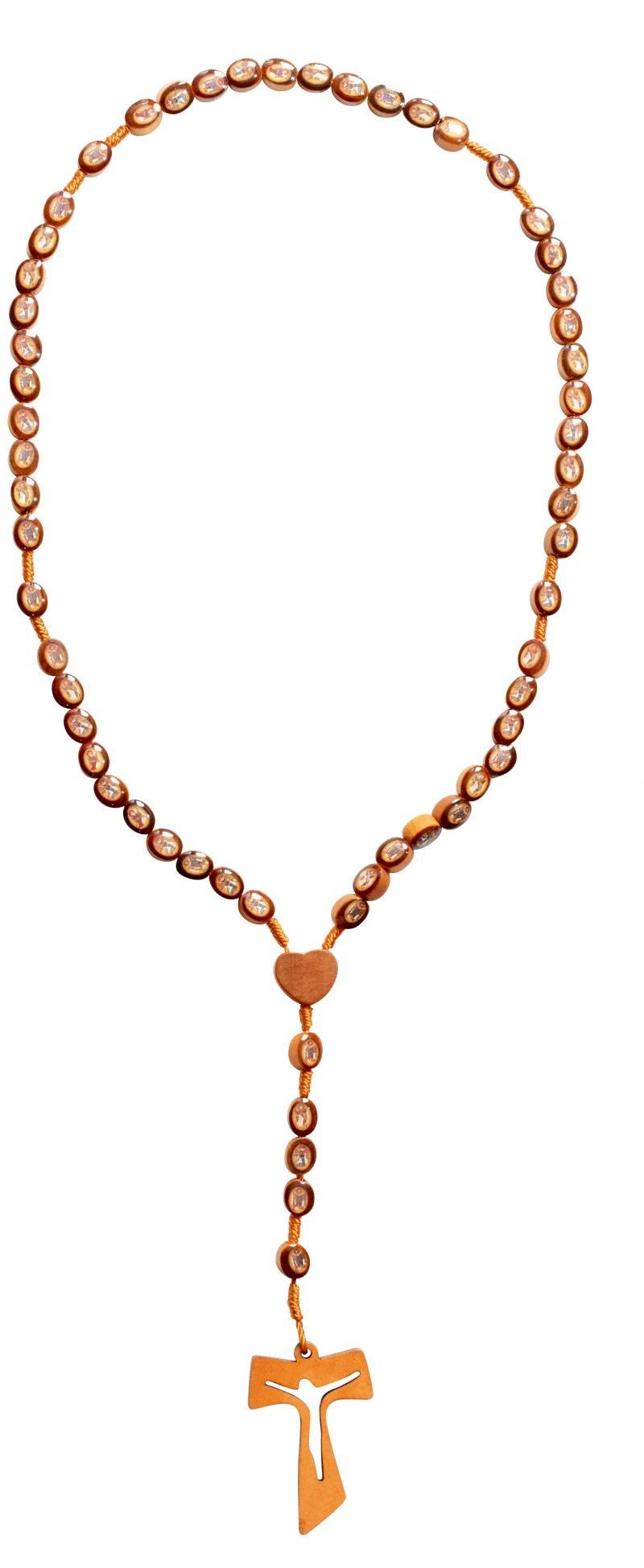 Wooden rosary with a cross pendant on a white background