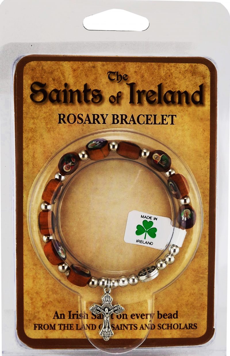 Rosary bracelet packaging with 'The Saints of Ireland' branding on a beige background.