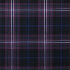 A close-up of a tartan plaid fabric pattern with a dark navy base, purple and green stripes, and thin white intersecting lines.