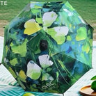 A folding umbrella with a green and blue painterly floral pattern, featuring white and yellow flower motifs, displayed on a picnic blanket outdoors.