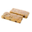 Two rectangular cookies with chocolate chips on a white background