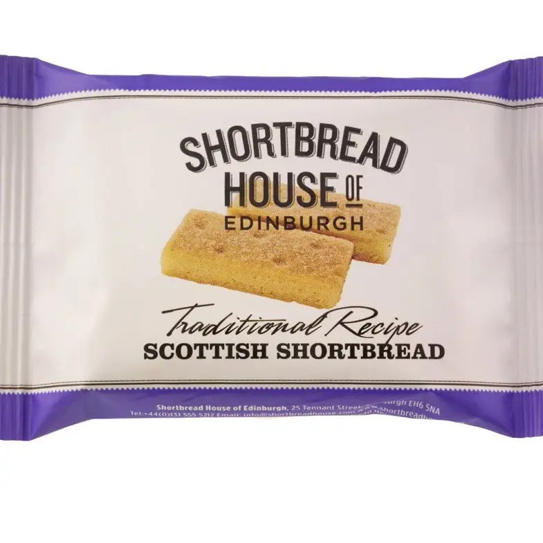 Packaging of Scottish shortbread with 'Shortbread House of Edinburgh' branding.