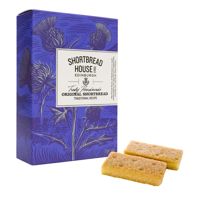Shortbread House of Edinburgh packaging with two shortbread cookies on a white background