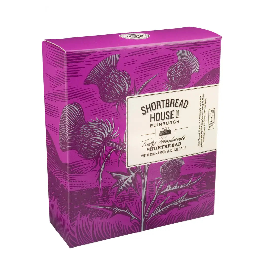 Purple box with floral design and 'Shortbread House of Edinburgh' branding on a white background